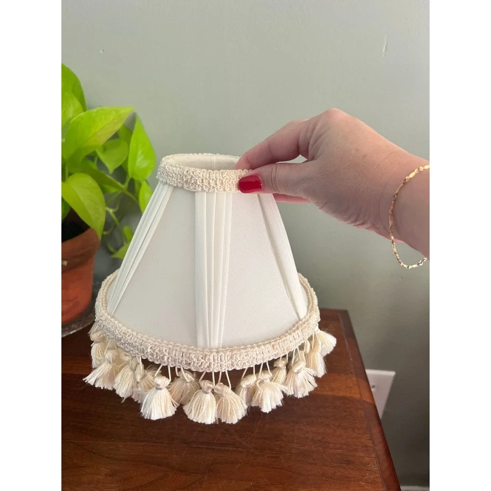 Vintage  Cream Pleated Tassel Fringe Lamp Shade Clip On Bell Small 7.5in